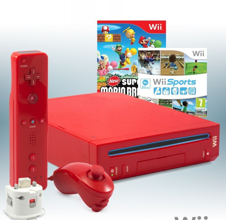 Konsole rot + New Super Mario Bros. + Wii Sports + Original Remote Plus + Zubehör