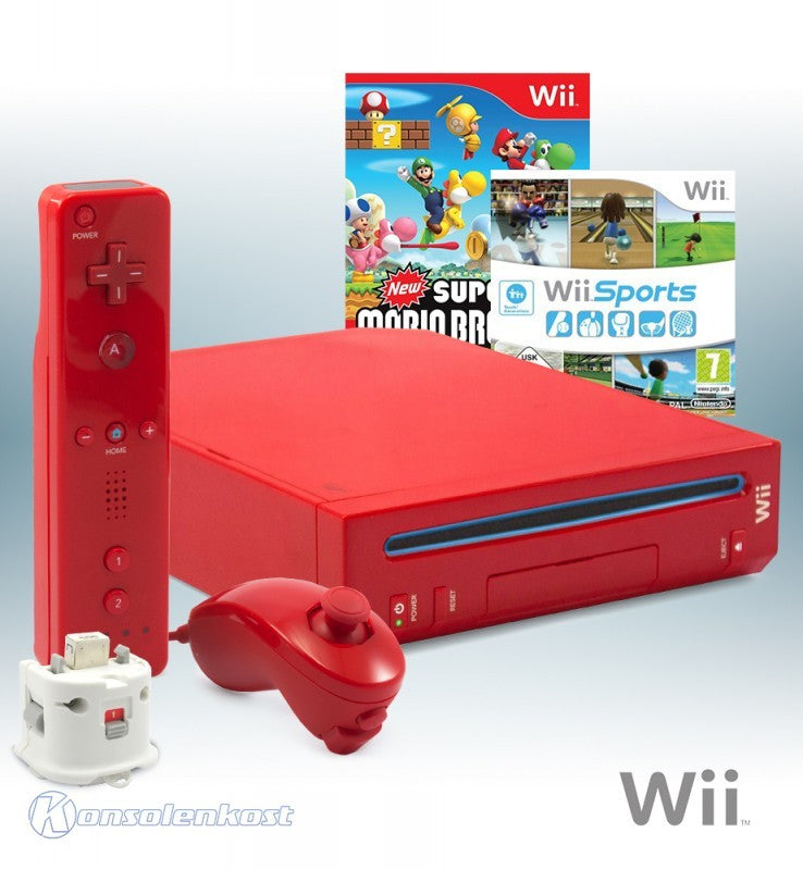 Konsole rot + New Super Mario Bros. + Wii Sports + Original Remote Plus + Zubehör