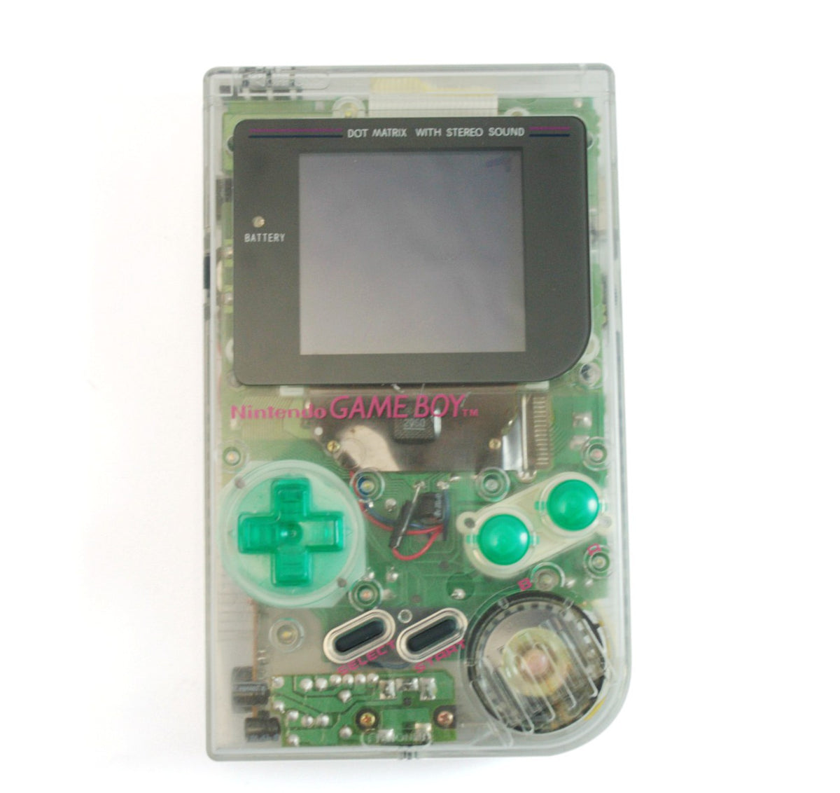 Konsole Classic DMG-01 Custom Case transp. + grüne Tasten