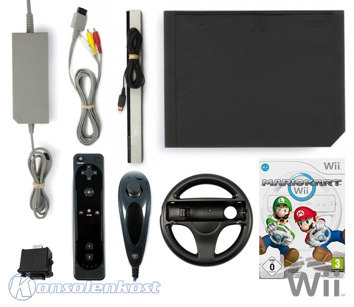 Konsole - Mario Kart Pak schwarz + Spiel + Original Remote Plus + Lenkrad + Zubehör