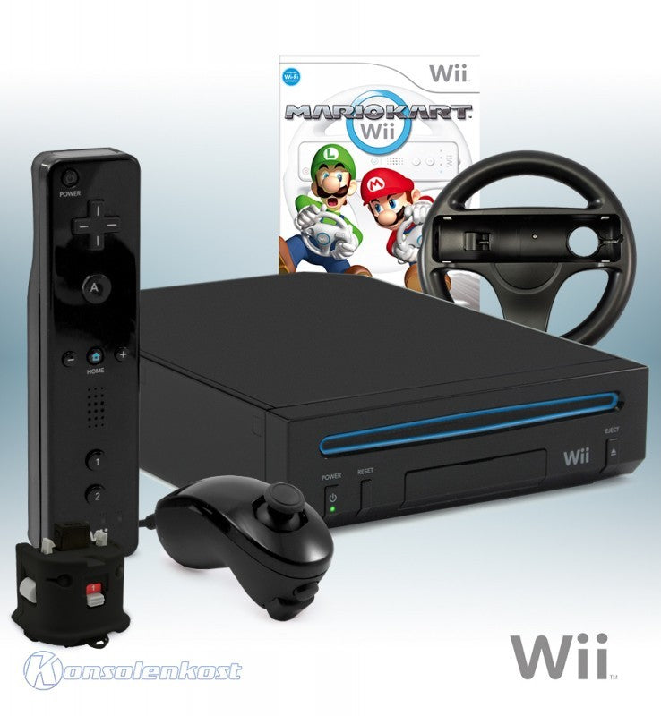 Konsole - Mario Kart Pak schwarz + Spiel + Original Remote Plus + Lenkrad + Zubehör