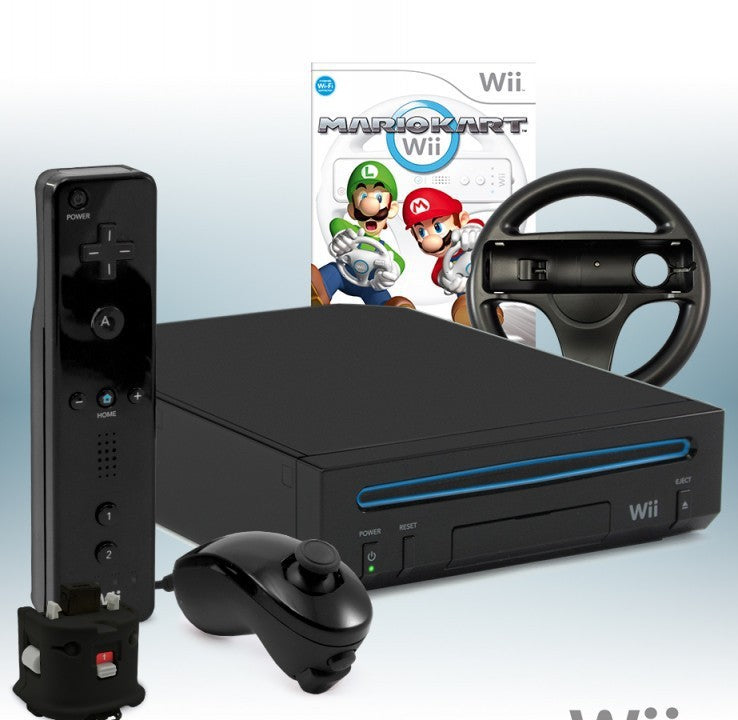 Konsole - Mario Kart Pak schwarz + Spiel + Original Remote Plus + Lenkrad + Zubehör