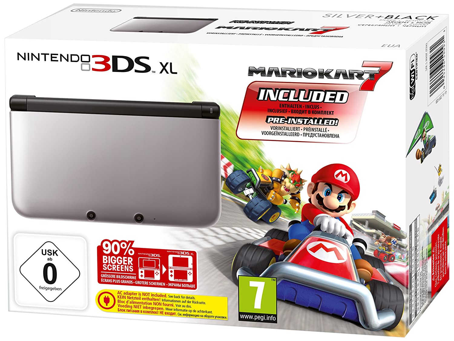Konsole XL Mario Kart 7 Edition silber + Spiel vorinst. + Netzteil