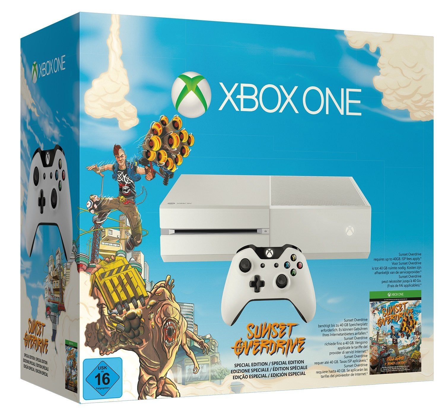 Konsole 500GB weiß+ Sunset Overdrive + Orig. Controller + Zub.