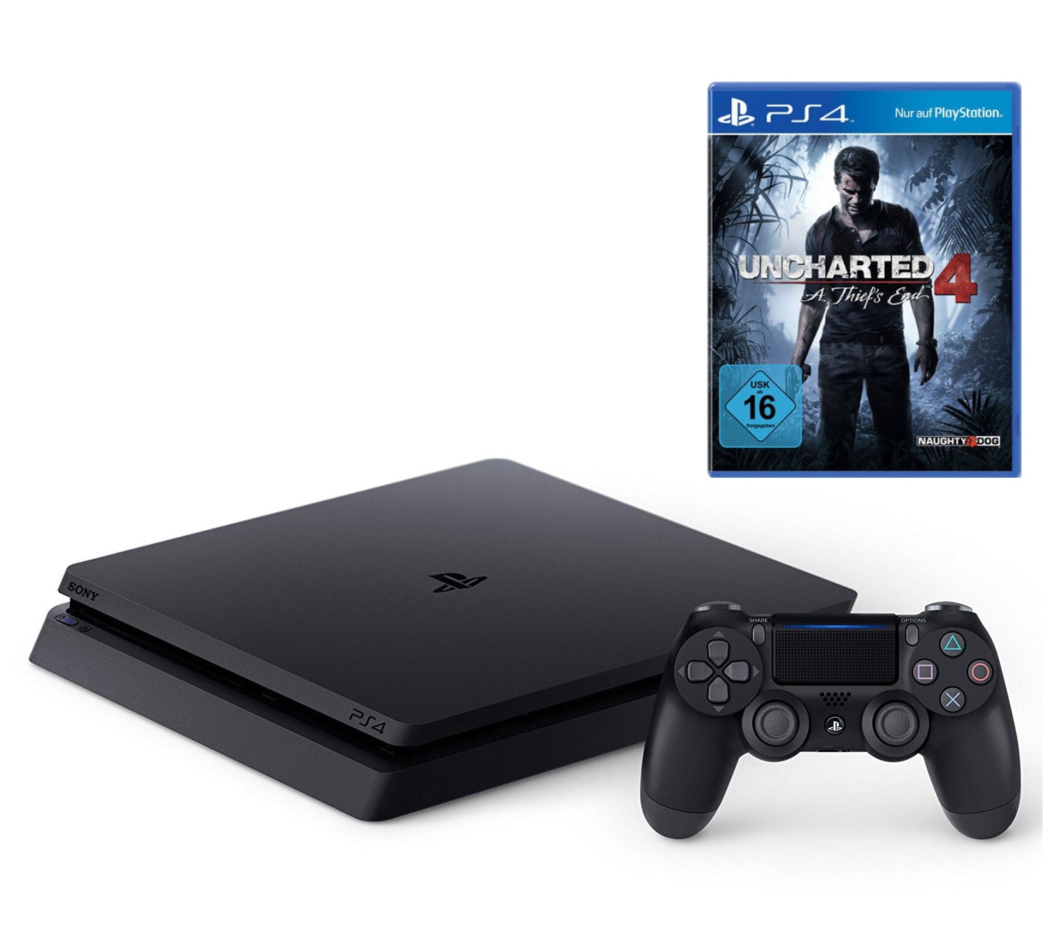 Konsole Slim 1TB schwarz + Uncharted 4 + Original Controller