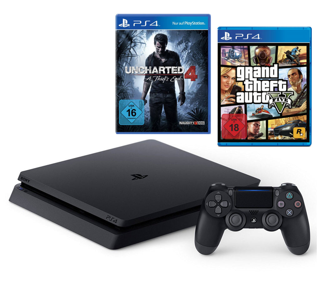 Konsole Slim 1TB schwarz + GTA 5 + Uncharted 4 + Original Controller