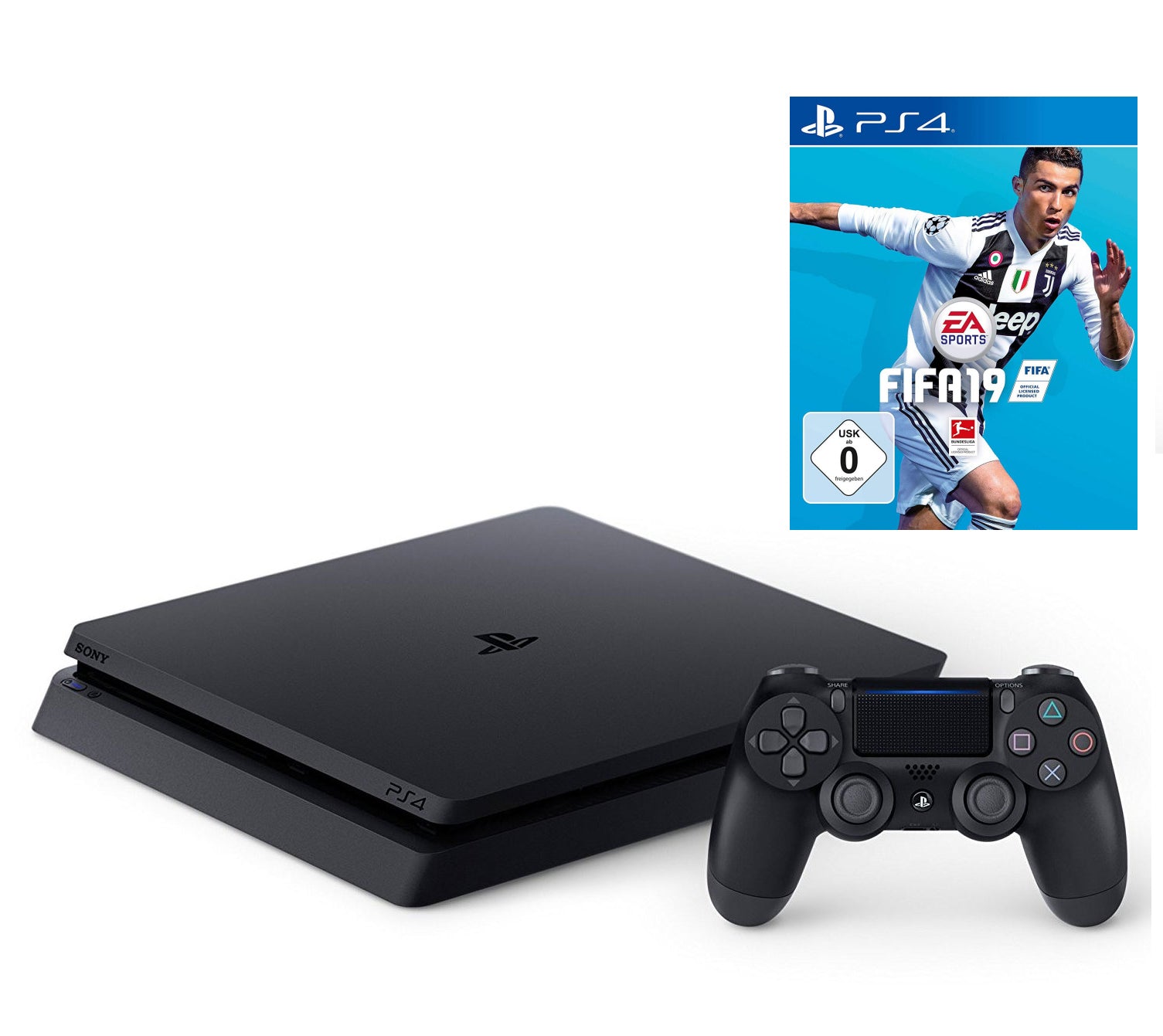 Konsole Slim 1TB schwarz + Fifa 19 + Original Controller