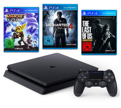 Konsole Slim 1TB schwarz + Uncharted 4 + Last of Us + Ratchet & Clank + Original Controller