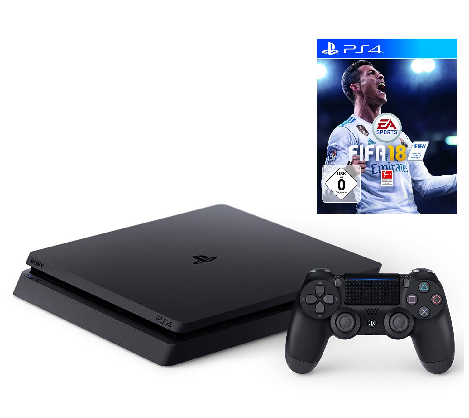Konsole Slim 500GB schwarz + FIFA 18 + Original Controller