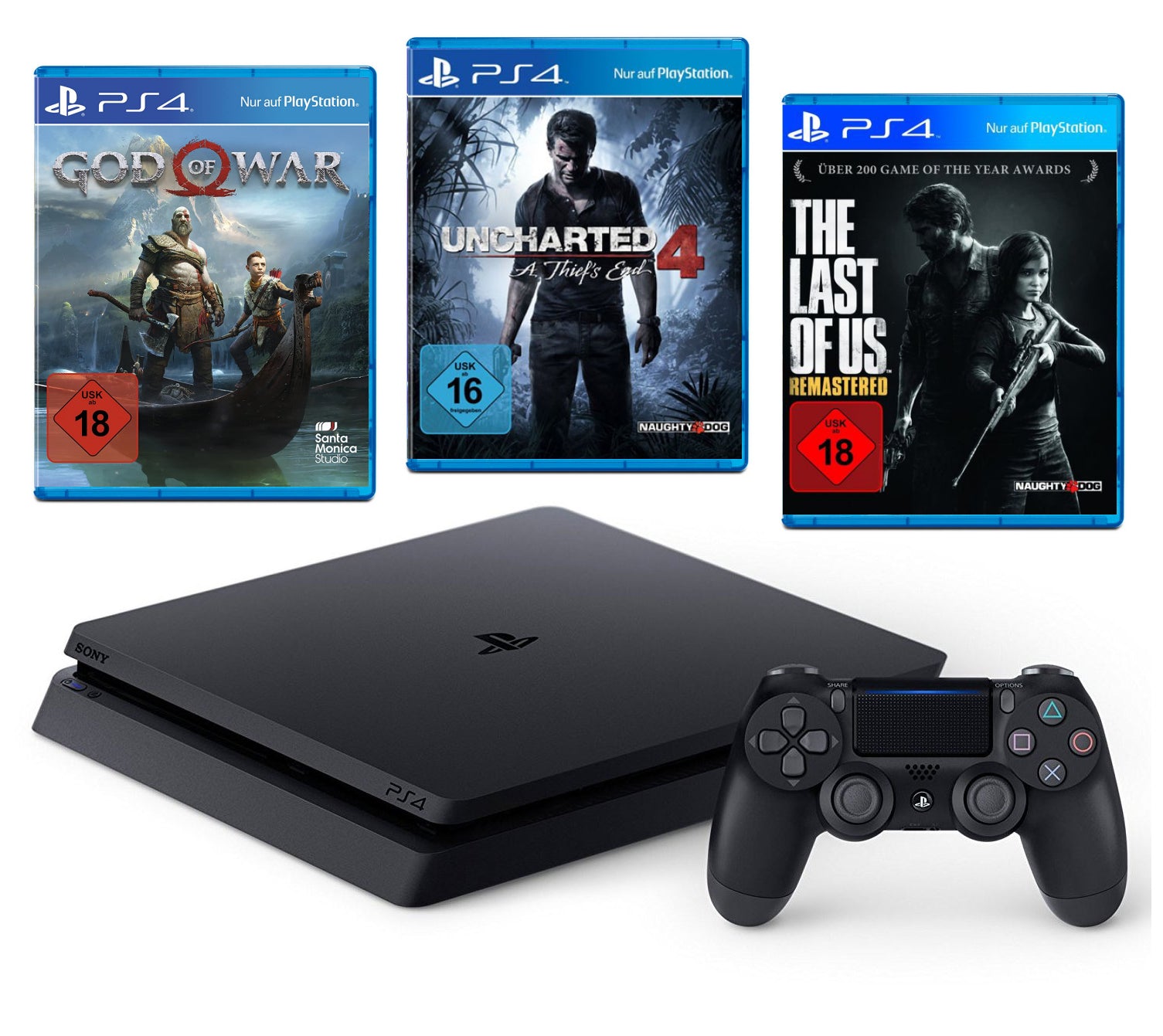 Konsole Slim 500GB schwarz + Uncharted 4 + God Of War + Last of Us + Original Controller