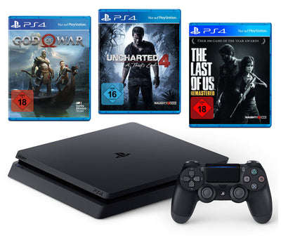 Konsole Slim 500GB schwarz + Uncharted 4 + God Of War + Last of Us + Original Controller