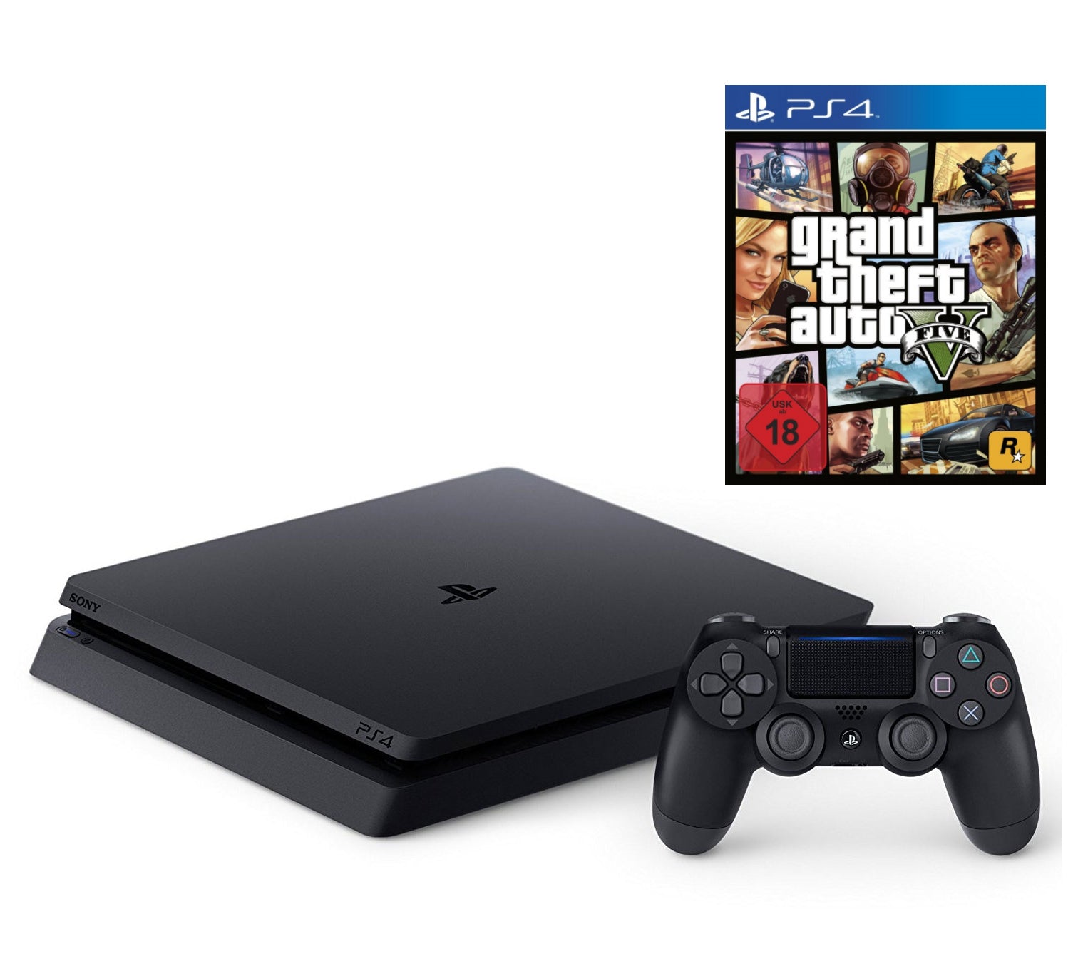 Konsole Slim 500GB schwarz + GTA V + Original Controller