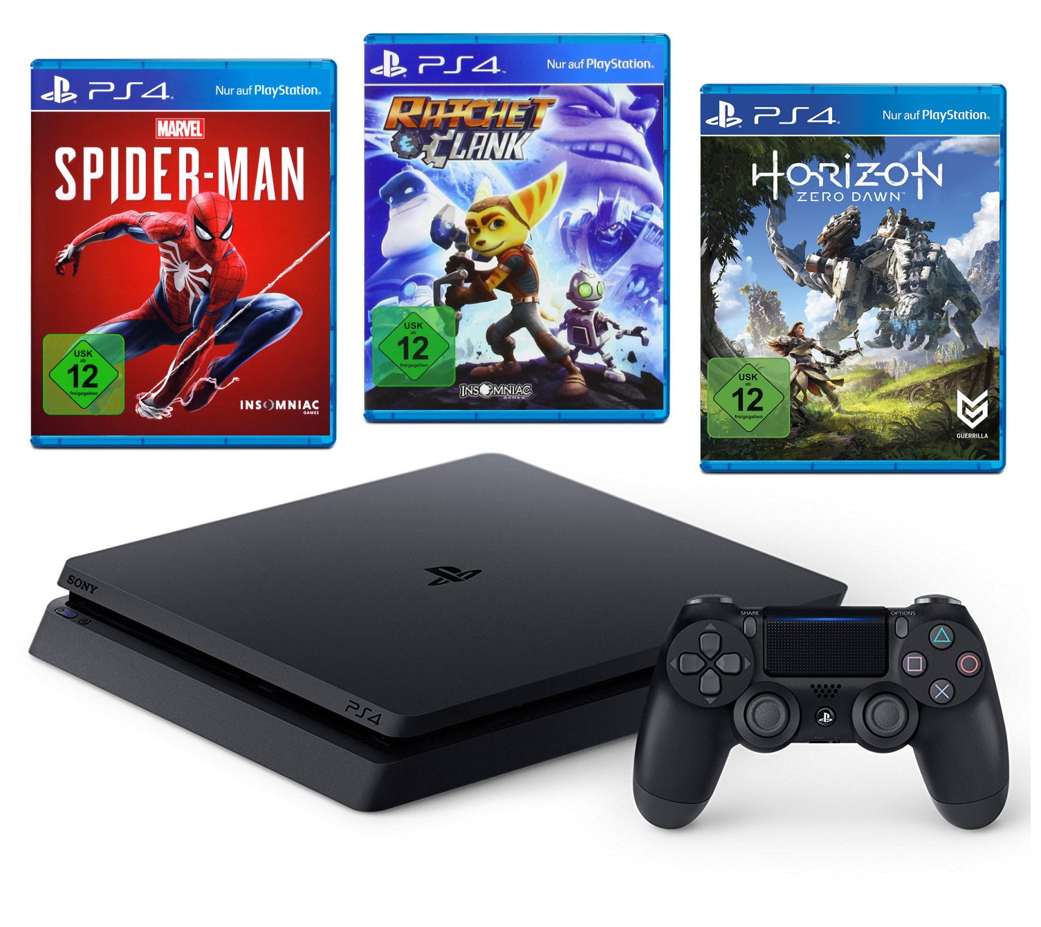 Konsole Slim 500GB schwarz + Spider-Man + Horizon ZD + Ratchet & Clank + Original Controller