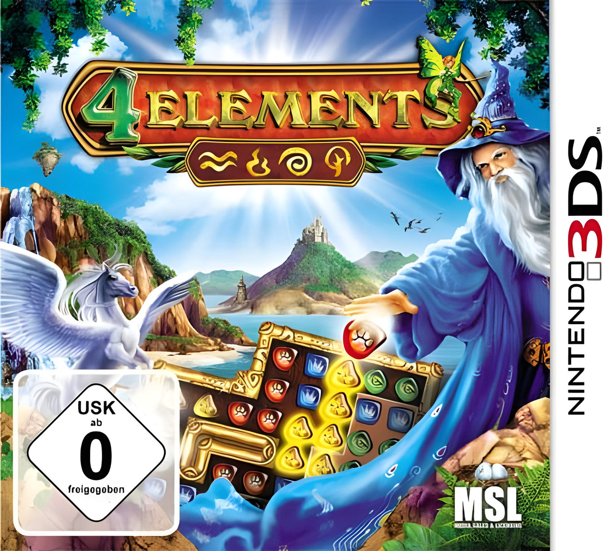 Das Cover von 4 Elements für Nintendo 3DS zeigt einen Zauberer, ein Pegasus und ein Puzzlefeld vor einer Fantasy-Landschaft.