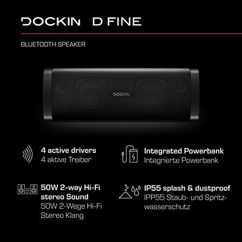 DOCKIN D FINE Bluetooth Lautsprecher - 50 Watt Stereo HiFi Speaker, mit integrierter Powerbank, wasserdichte schwarz [DOCKIN]