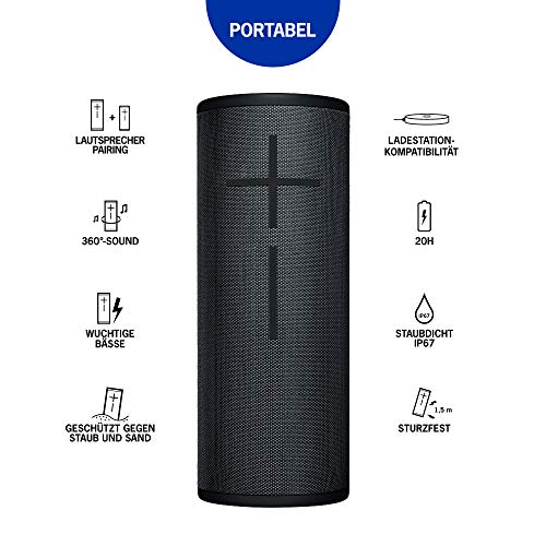 Ultimate Ears Megaboom 3 Tragbarer Bluetooth-Lautsprecher, 360° Sound, Satter Bass, Wasserdicht, Staubresistent & Sturzfest, One-Touch-Musiksteuerung, 20-Stunden Akkulaufzeit - night black/ schwarz [Ultimate Ears]