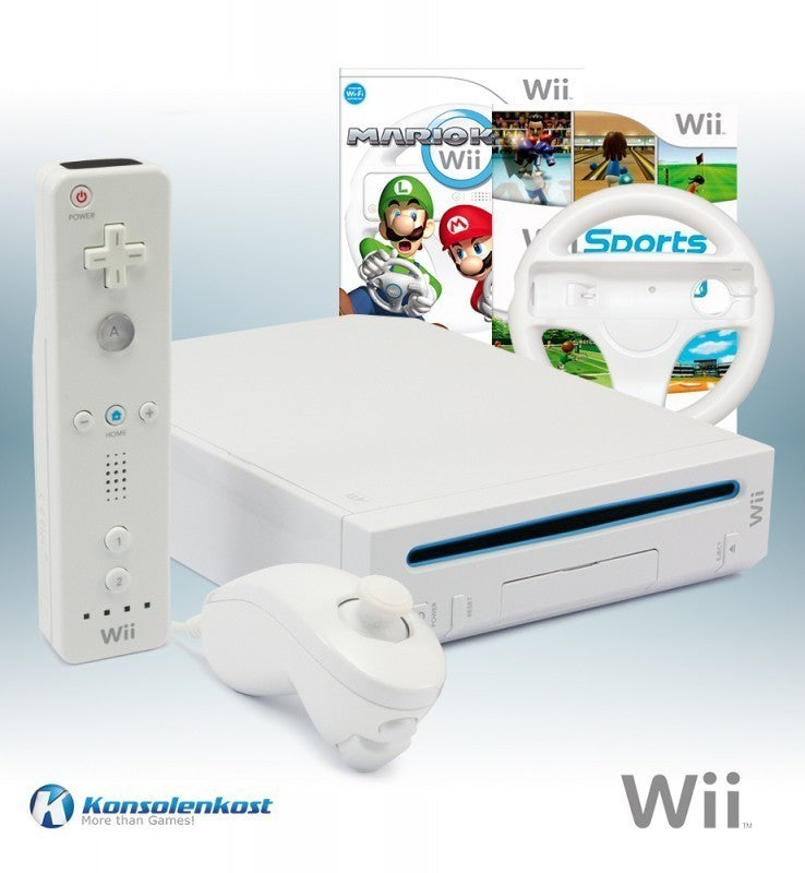 Konsole weiß + Mario Kart + Wii Sports + Original Remote + Lenkrad