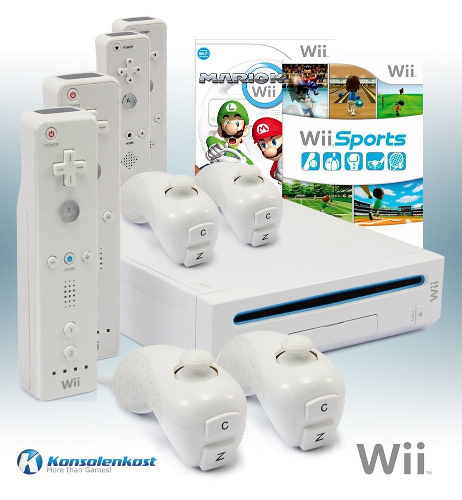Konsole weiß + Mario Kart + Wii Sports + 4 Original Remotes