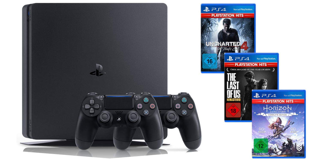 Konsole Slim 1TB schwarz + Uncharted 4 + Last of Us + Horizon: Zero Dawn + 2 Original Controller