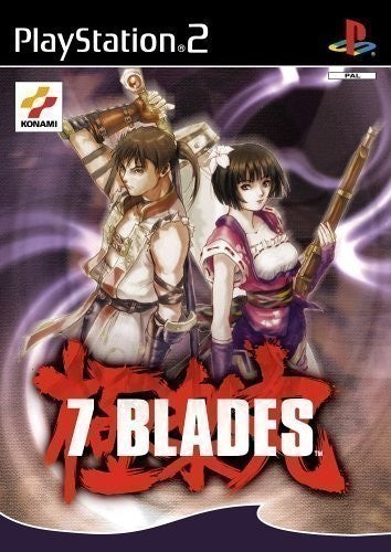 Das Cover von 7 Blades für PlayStation 2 zeigt einen Mann mit Schwert und eine Frau mit Gewehr vor violettem Hintergrund.