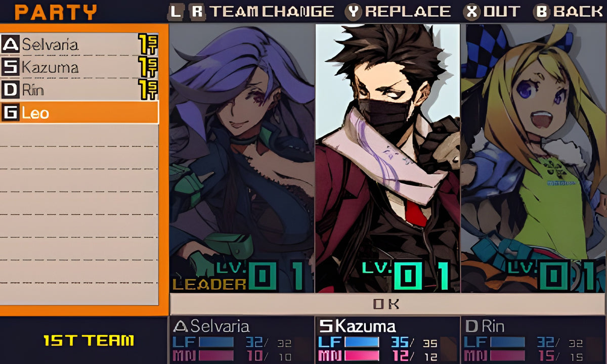 Im Partyauswahlmenü von 7th Dragon III sind drei Charaktere mit ihren Namen und Leveln zu sehen.