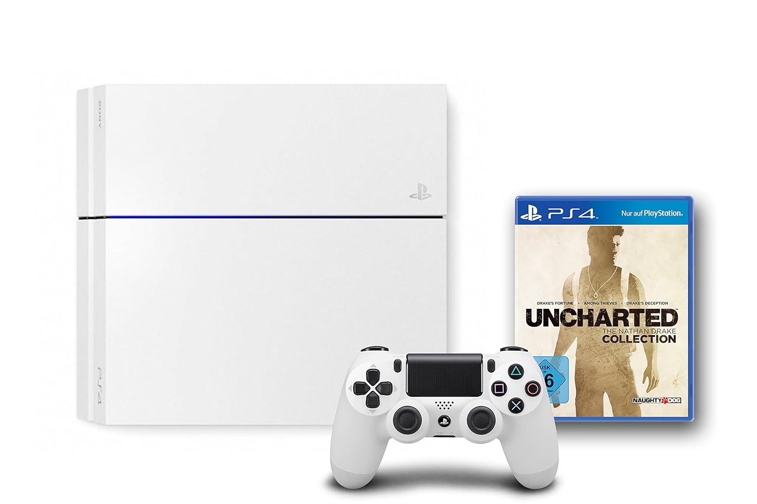 Konsole 500GB weiß + Uncharted: Nathan Drake Collection + Original Controller