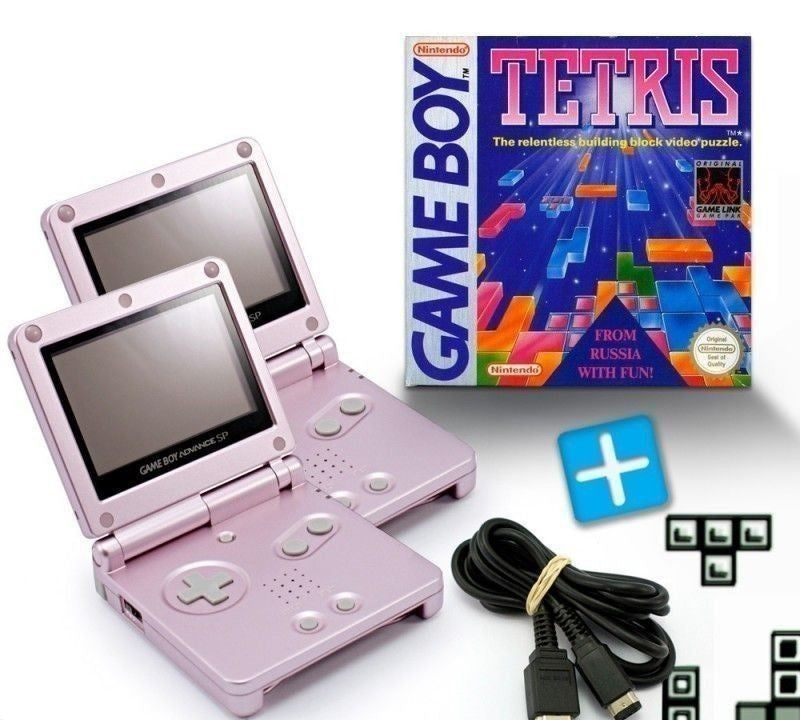 Bundle: 2 Konsolen GBA SP pink + Tetris + Linkkabel + Netzteil