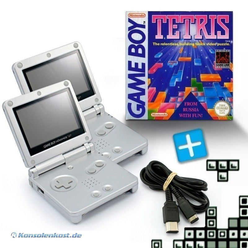 Bundle: 2 Konsolen GBA SP silber + Tetris + Linkkabel + Netzteil