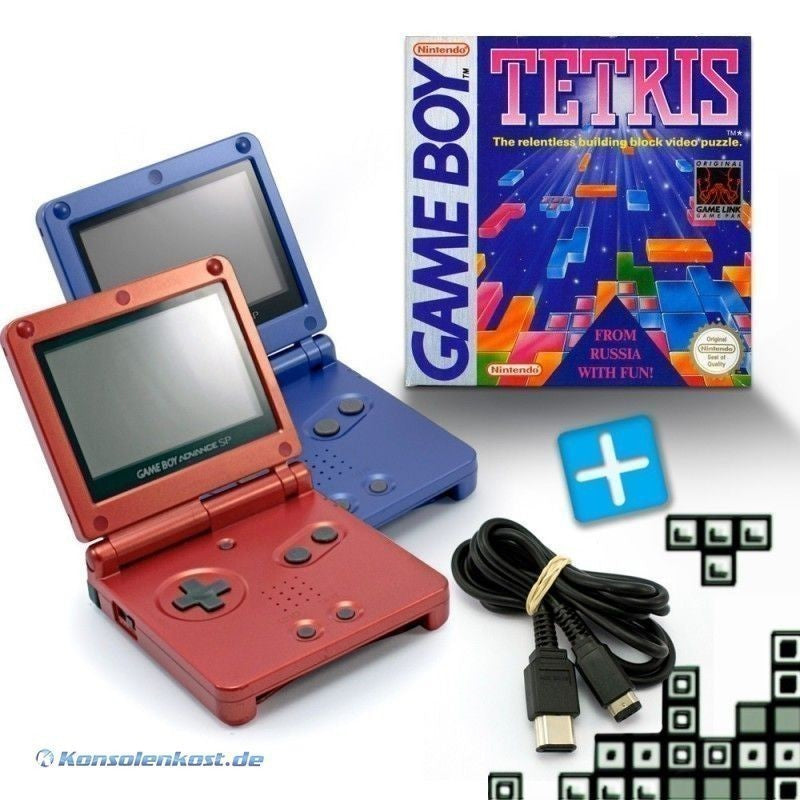 Bundle: 2 Konsolen GBA SP rot / Blau + Tetris + Linkkabel + Netzteil