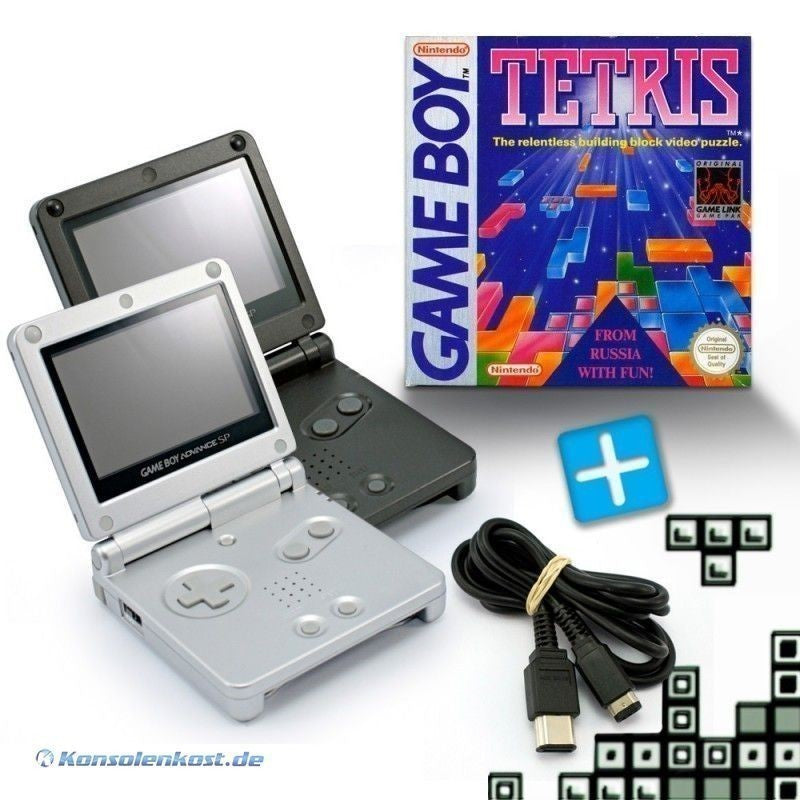 Bundle: 2 Konsolen GBA SP schwarz / Silber + Tetris + Linkkabel + Netzteil