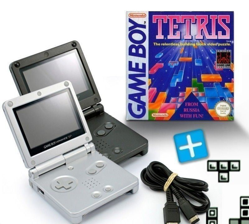 Bundle: 2 Konsolen GBA SP schwarz / Silber + Tetris + Linkkabel + Netzteil