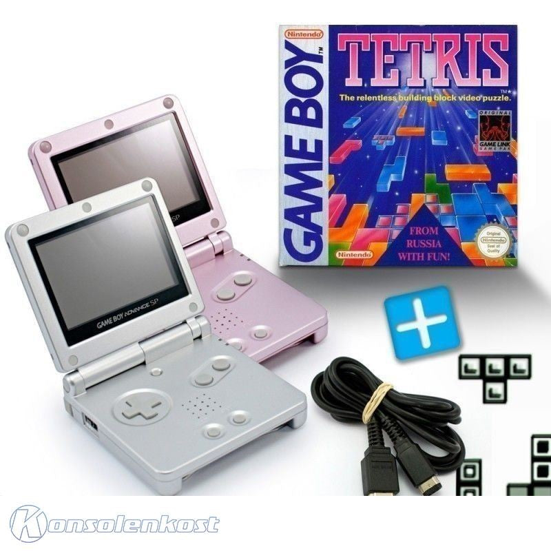 Bundle: 2 Konsolen GBA SP pink / Silber + Tetris + Linkkabel + Netzteil