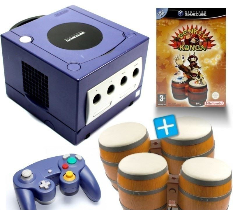 Konsole lila + Donkey Konga + 2 Bongos + Controller
