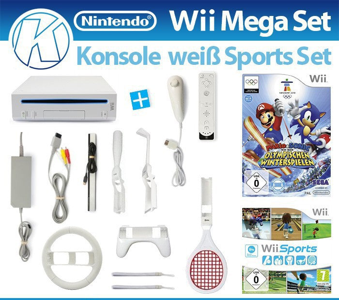 MegaSet: Konsole + Mario & Sonic + Wii Sports + Remote + Zubehör weiß