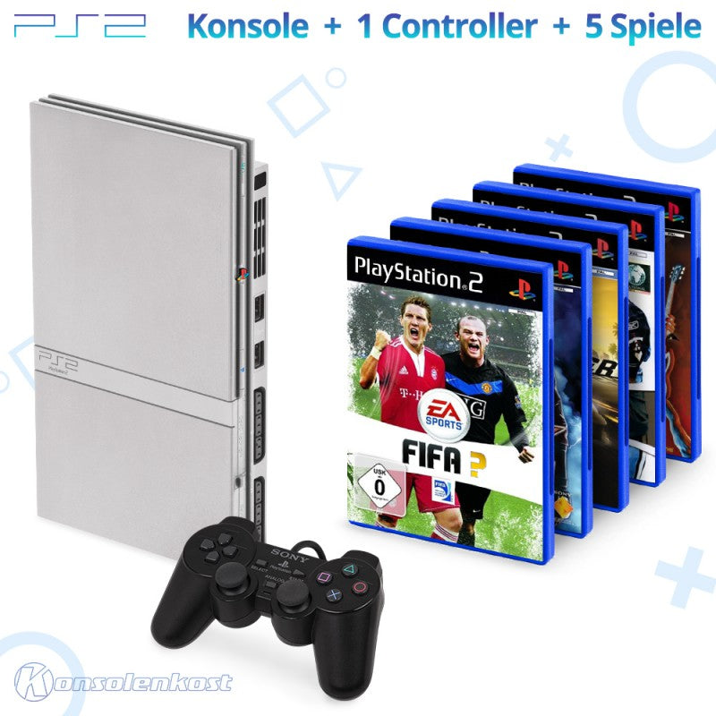 MegaSet: Konsole Slim + 5 Spiele + Original Controller + Zubehör silber