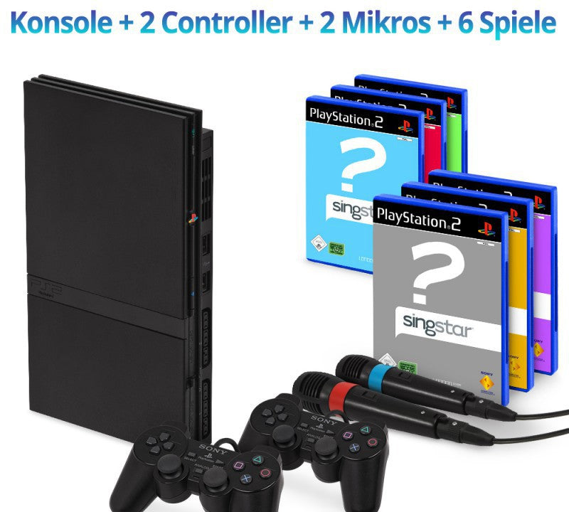MegaSet: Konsole Slim + 6 SingStar Spiele + 2 Mikros + 2 Original Controller + Zubehör schwarz