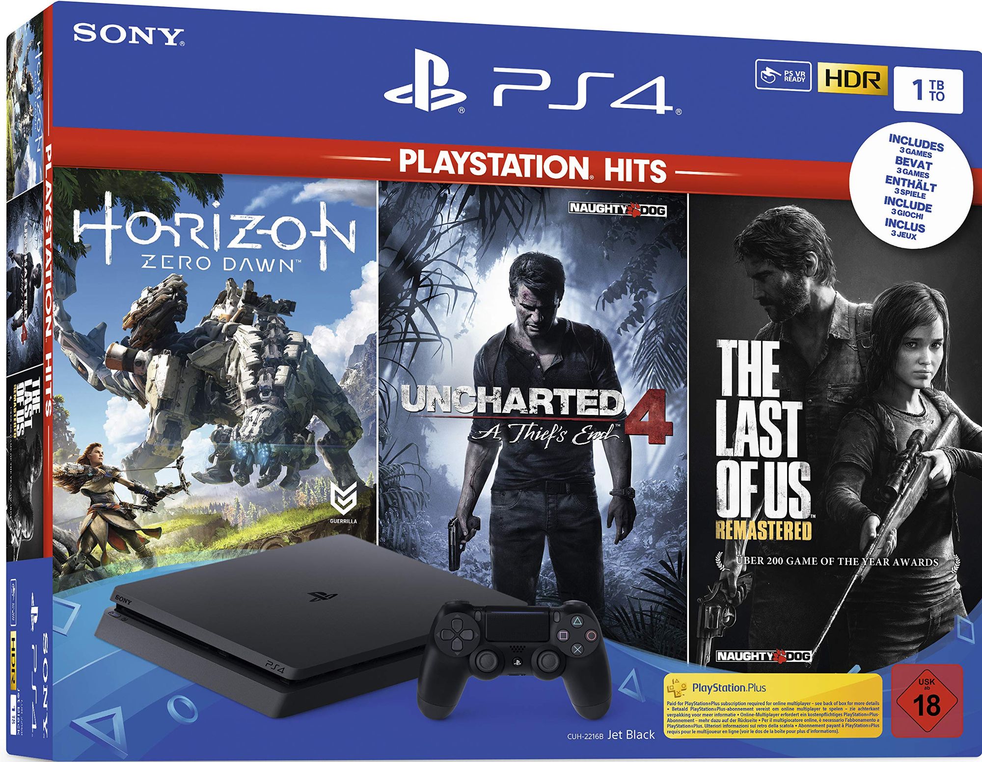 Konsole Slim 1TB schwarz + Uncharted 4 + Last of Us + Horizon: Zero Dawn + Original Controller