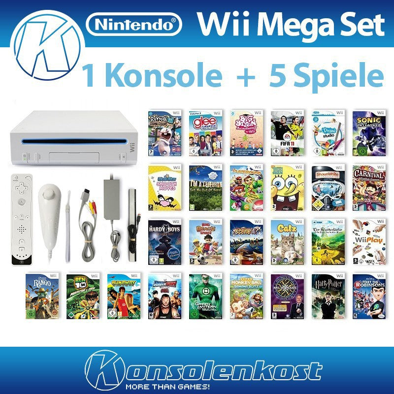 MegaSet: Konsole + 5 Spiele + Remote + Zubehör weiß