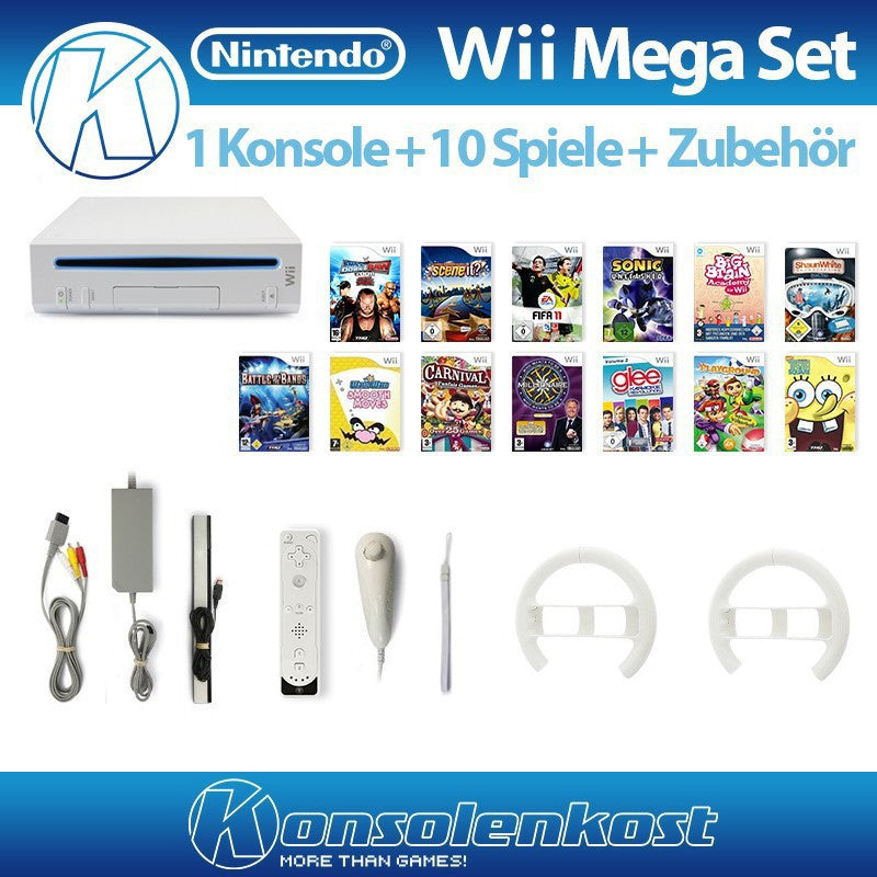 MegaSet: Konsole + 10 Spiele + Remote + Lenkräder + Zubehör weiß