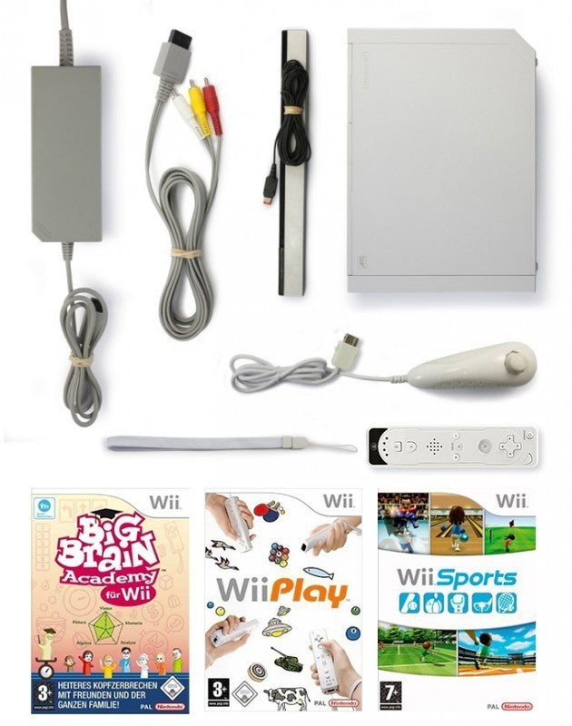 Konsole weiß + Wii Sports + Wii Play + Big Brain Academy + Remote + Zubehör