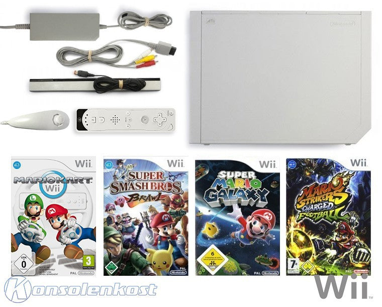 MegaSet: Konsole + Mario Kart + Smash Bros + Mario Galaxy + Mario Football + Remote weiß