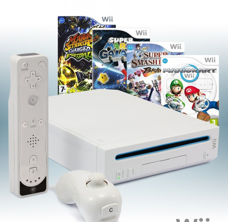 MegaSet: Konsole + Mario Kart + Smash Bros + Mario Galaxy + Mario Football + Remote weiß