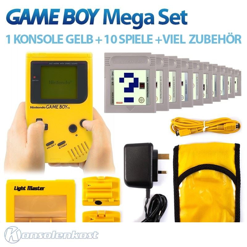 MegaSet: Konsole Classic + 10 GameBoy Spiele + Zubehör-Set gelb Banana Jim