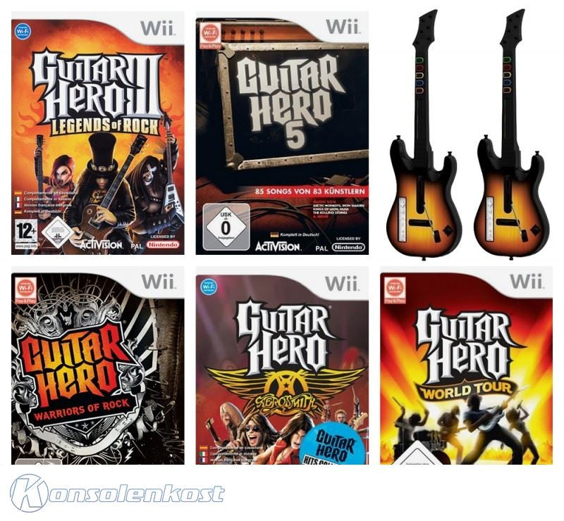 Guitar Hero Set: 3 & 5 + Warriors of Rock + Aerosmith + World Tour + 2 Gitarren schwarz-rot