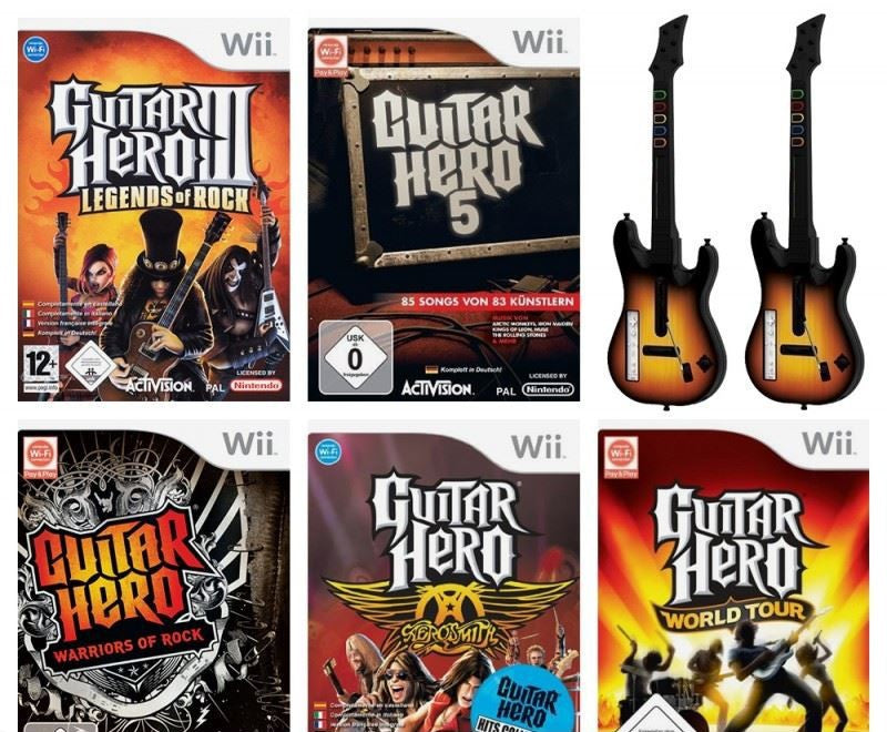 Guitar Hero Set: 3 & 5 + Warriors of Rock + Aerosmith + World Tour + 2 Gitarren schwarz-rot