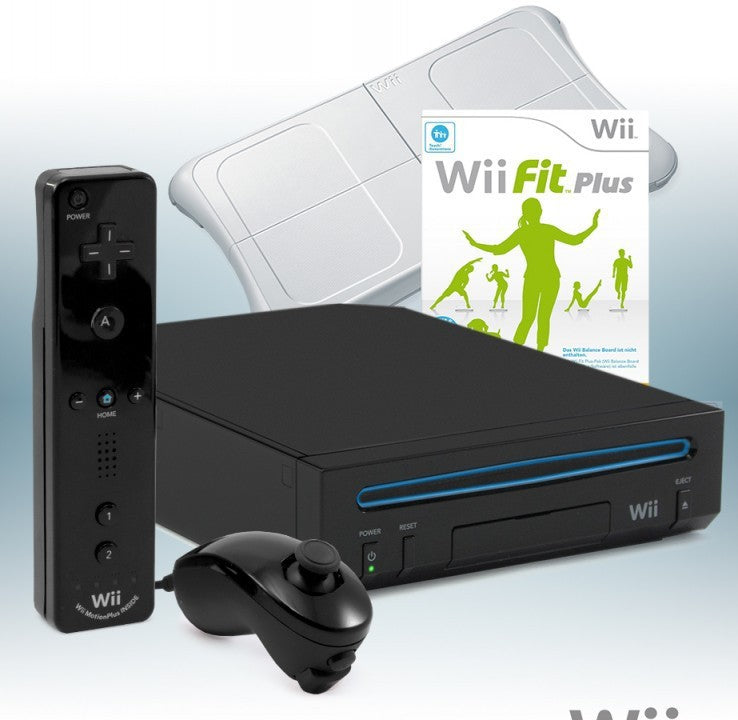 Konsole schwarz + Wii Fit Plus + Original Remote Plus + Original Balance Board weiß