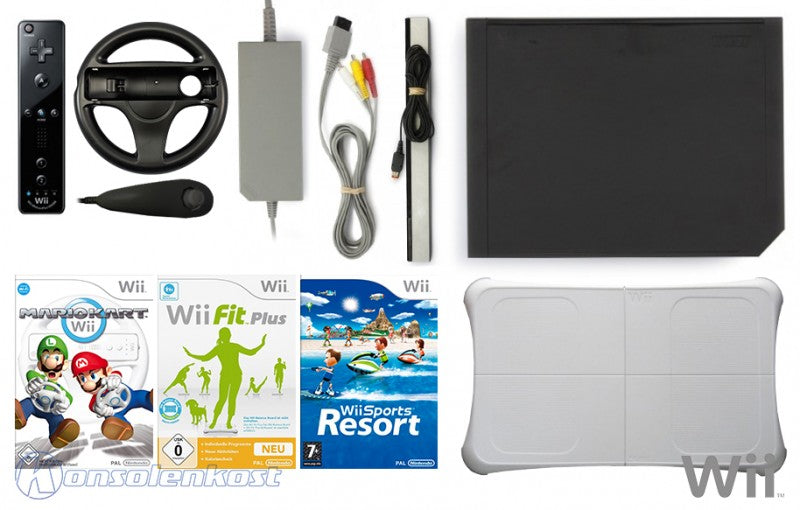 Konsole RVL-101 schwarz + 3 Wii Spiele + Original Remote Plus + Balance Board + Lenkrad