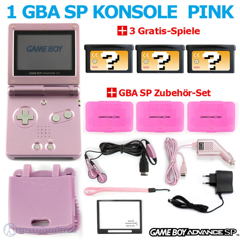 MegaSet Konsole GBA SP + 3 Gratis Spiele + Zubehör Set + Netzteil Pink/Rosa