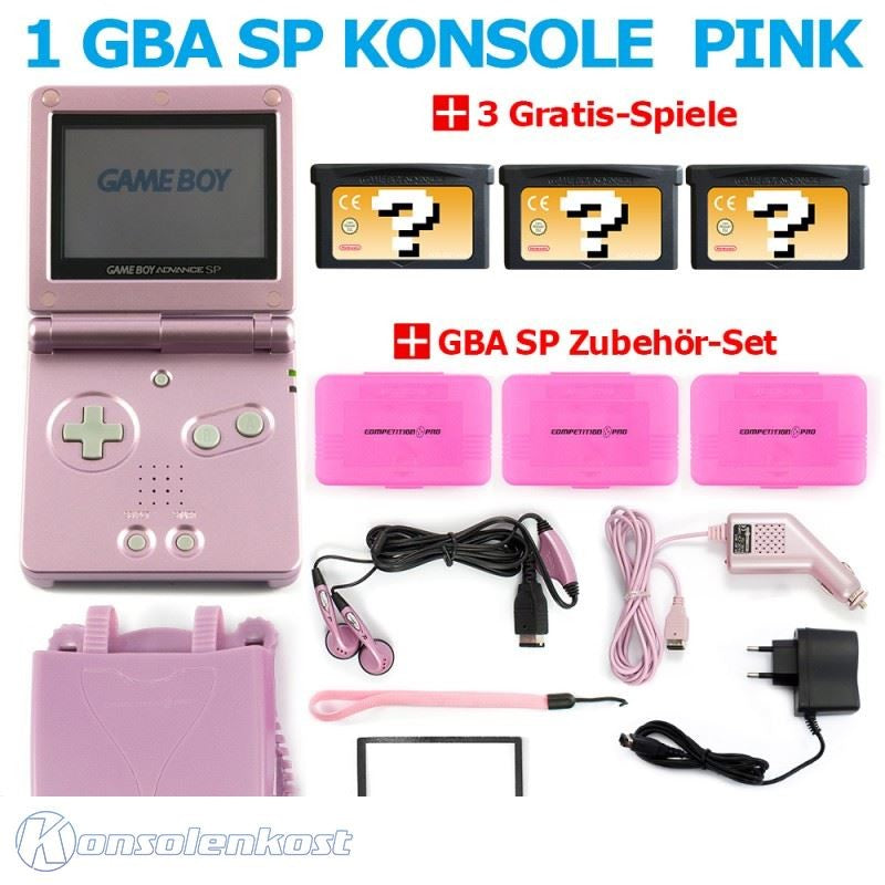 MegaSet Konsole GBA SP + 3 Gratis Spiele + Zubehör Set + Netzteil Pink/Rosa