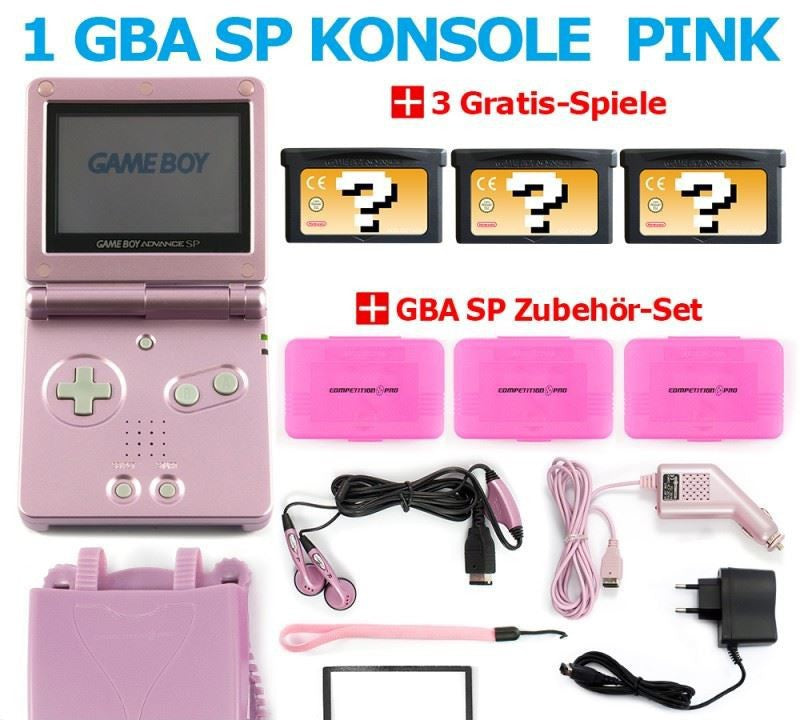 MegaSet Konsole GBA SP + 3 Gratis Spiele + Zubehör Set + Netzteil Pink/Rosa